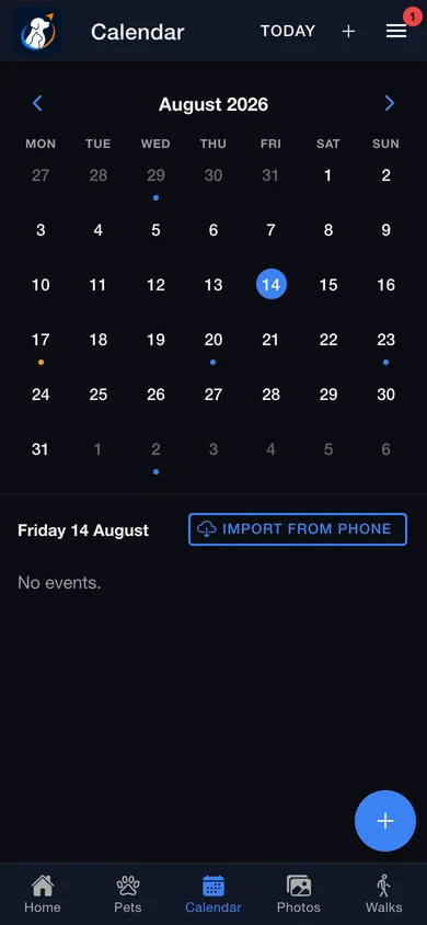 The calendar month grid with event dots and the day list underneath