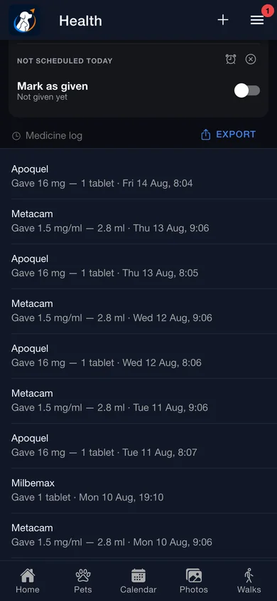 The medicine log listing every dose given, with an export button