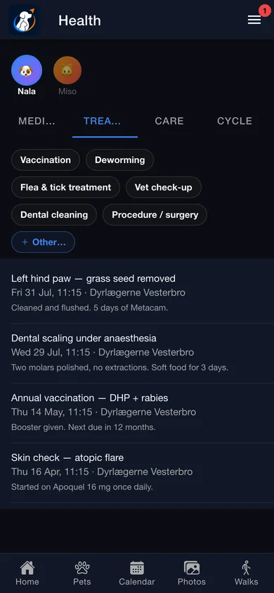 The treatments tab of the health screen listing vet visits with clinics