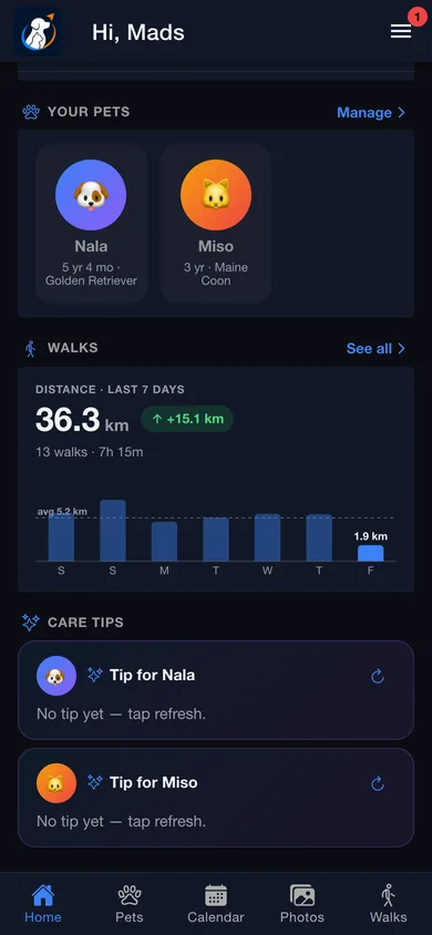 The home screen walks card with a seven-day distance chart