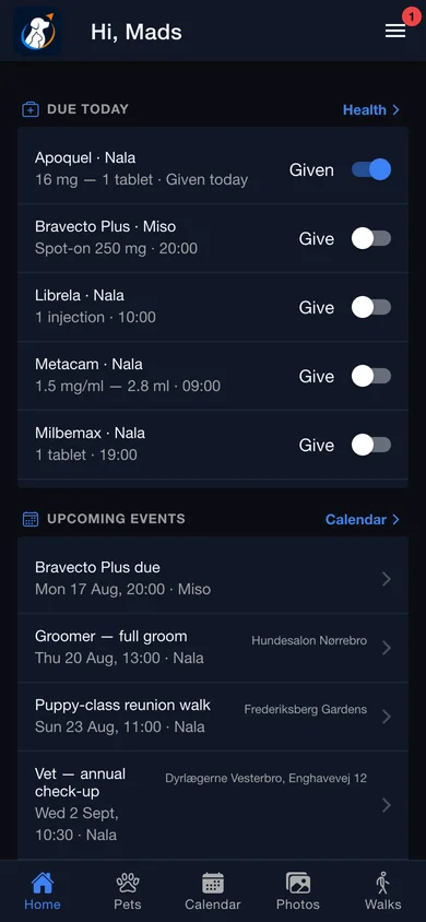 The PetPilot home screen with medications due today and upcoming events