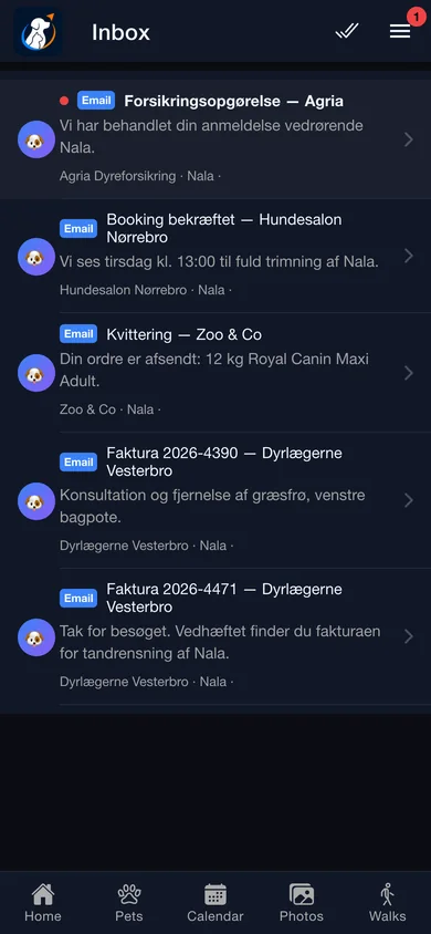 The in-app inbox listing forwarded vet bills and clinic mail