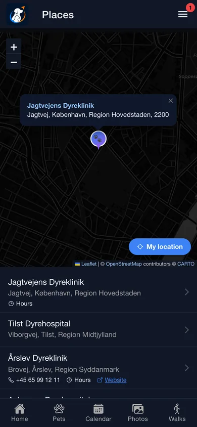 A dark map of vet clinics with a nearest-first list underneath
