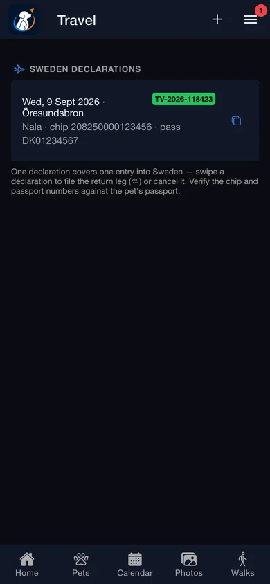 A filed Swedish travel declaration with its official declaration number