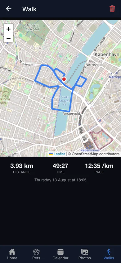 A recorded walk drawn on the map with distance, time and pace